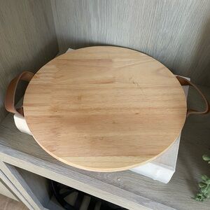 Round Wooden Tray with Leather Handles